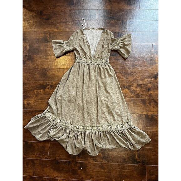 The clothing company Wide Sleeve Lace Pannel Brown Polkadot Midi Dress Size S - Picture 1 of 8
